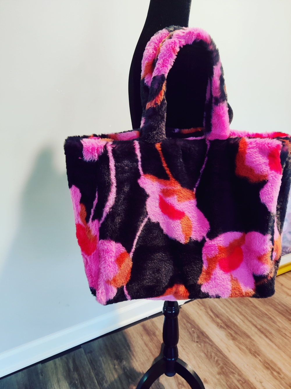 CAbi Faux-Fur Floral Tote in Pink, Black and Orange